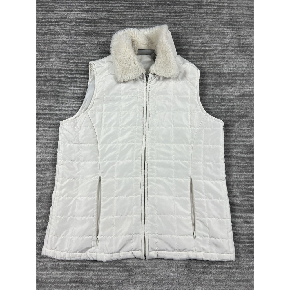 Jane Ashley Vest Womens PS White Quilted Faux Fur Collar Puffer Full Zip Vest